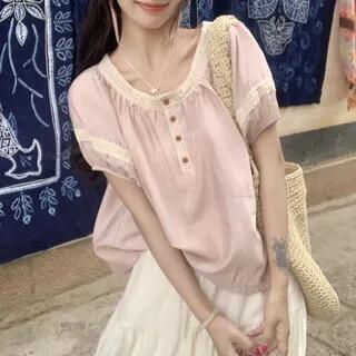 Short Sleeve Crew Neck Lace Trim Blouse Blouse - Pink