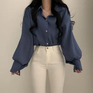 Puff-Sleeve Button-Up Blouse Blue