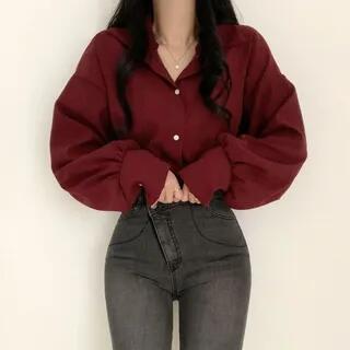 Puff-Sleeve Button-Up Blouse Red