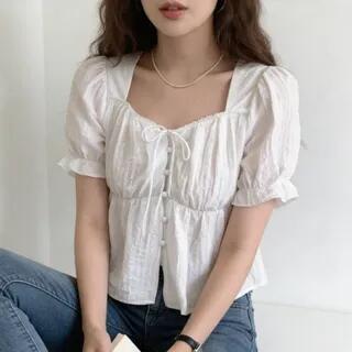 Puff-Sleeve Plain Lace Trim Blouse White