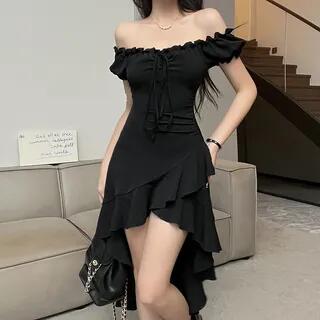 Short-Sleeve Off Shoulder Plain Ruffle Trim Mini A-Line Dress Black -