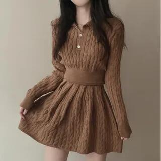 Set: Long-Sleeve Cable Knit Polo Top + Mini A-Line Skirt Khaki