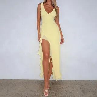 Sleeveless V-Neck Plain Ruffled-Trim Slit Midi Dress Yellow