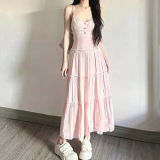 Spaghetti Strap Plain Tiered Button Maxi A-Line Dress Pink