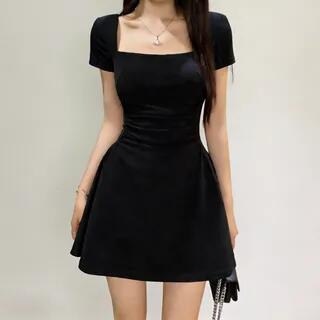 Short-Sleeve Square Neck Plain Ruched Mini A-Line Dress Black