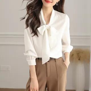 Long-Sleeve Tie Neck Plain Blouse White