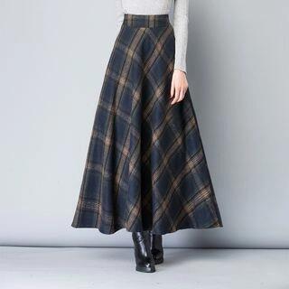 High Waist Maxi A-Line Skirt Dark Blue Plaid -