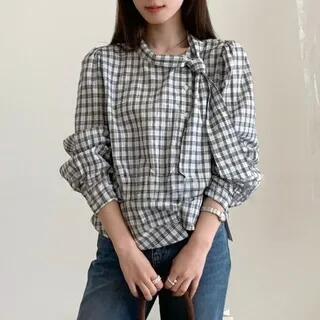 Long-Sleeve Stand Collar Plaid Asymmetrical Ruched Button-Up Blouse White