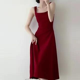 Sleeveless Square Neck Plain Dress Red