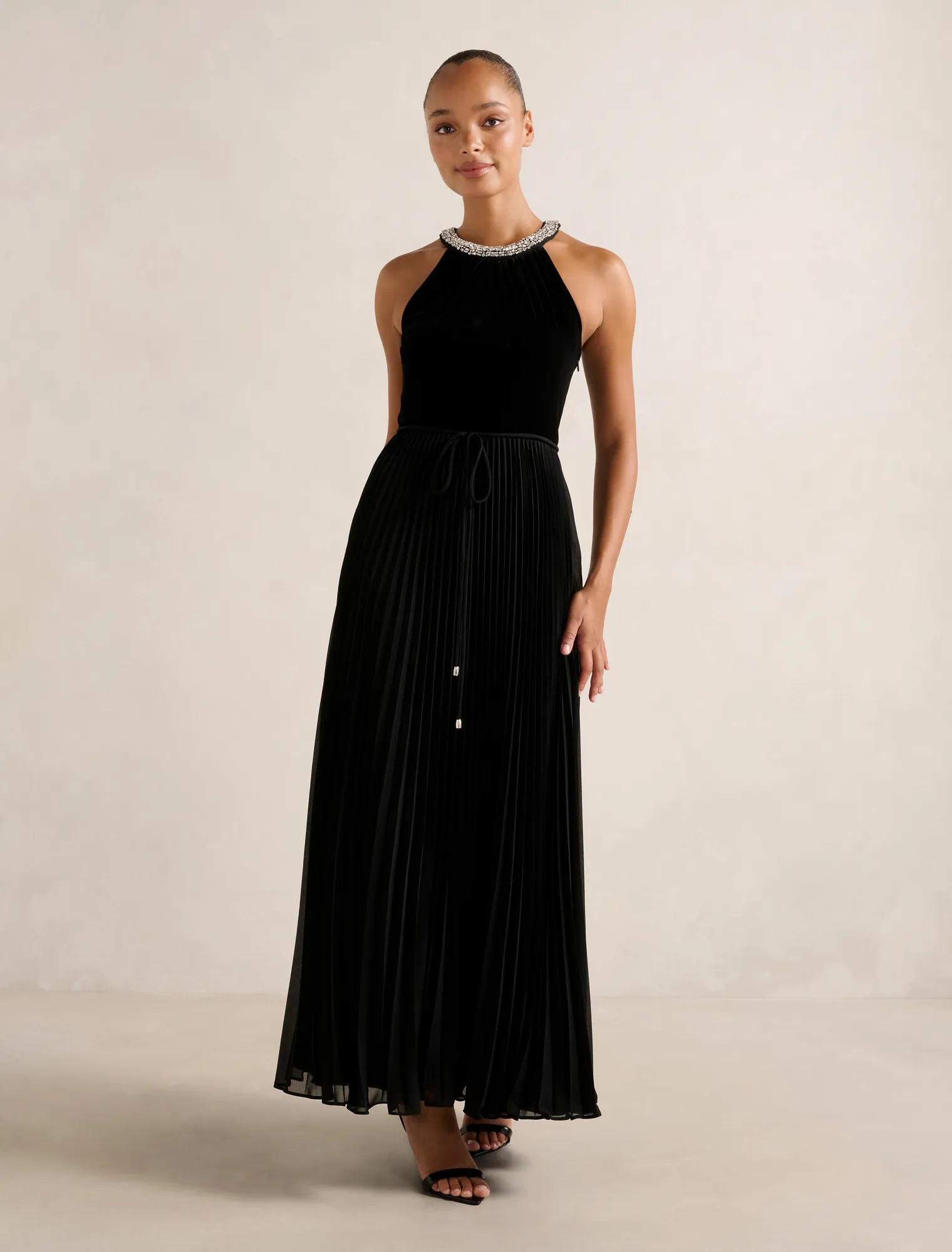 Forever New Women's Gwen Halter Neck Pleat Midi Dress in Black, Size BodiceRecycled PolyesterElastane Bodice