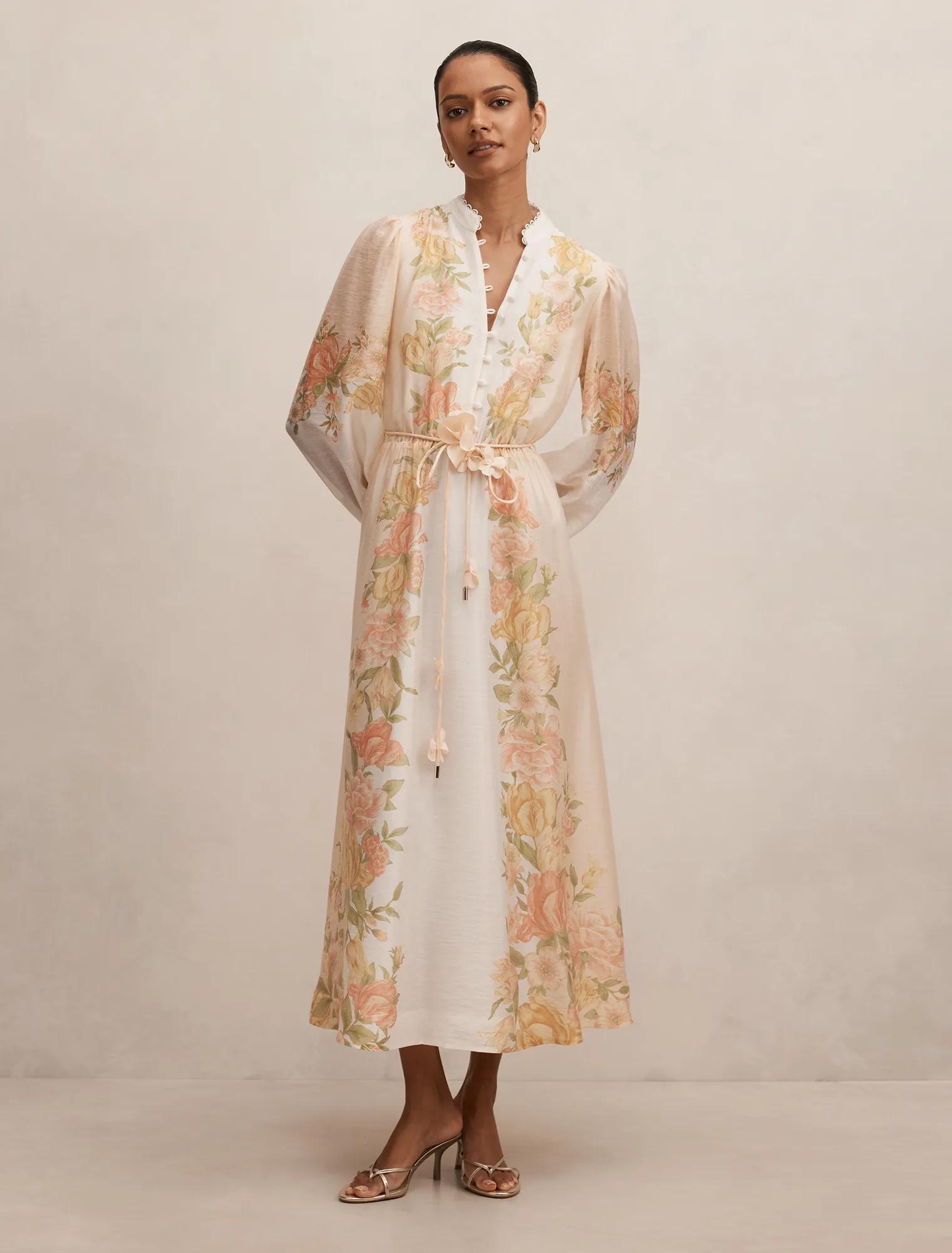 Forever New Women's Christina Petite Placement Print Midi Dress in Peach Mercia Floral, Size LyocellPolyamideLinen