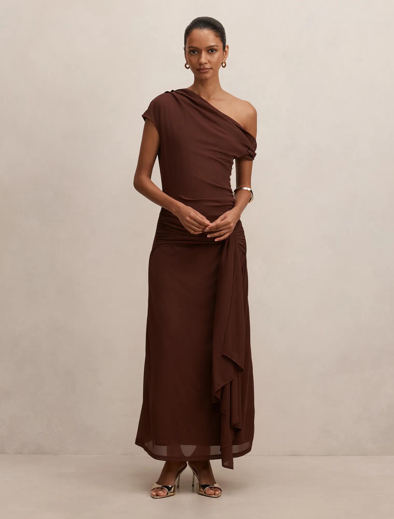 Forever New Women's Piper Petite Tie Mesh Midi Dress in Deep Mahogany, Size Recycled Polyester