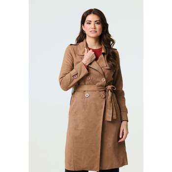 Izabel London Suede Tie Waist Button Front Trench Coat women's Trench Coat in Brown