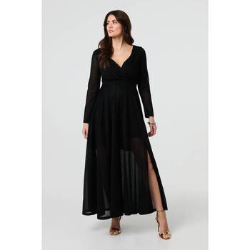 Izabel London Sparkly V-Neck Long Sleeve Maxi Dress women's Long Dress in Black