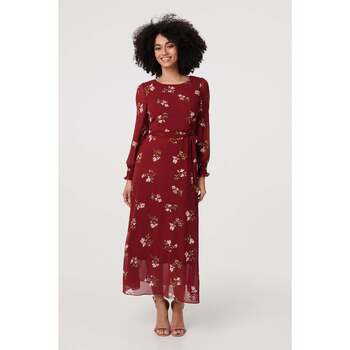Izabel London Floral Sheer Layer Tie Waist Maxi Dress women's Long Dress in Red