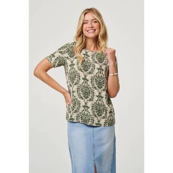 Izabel London Baroque Print Short Sleeve Relaxed Top women's Blouse in Green
