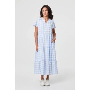 Izabel London Checked Short Sleeve Tiered Maxi Dress women's Long Dress in Blue