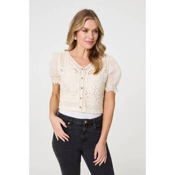 Izabel London Crochet Mesh Short Sleeve Crop Cardigan women's in Beige