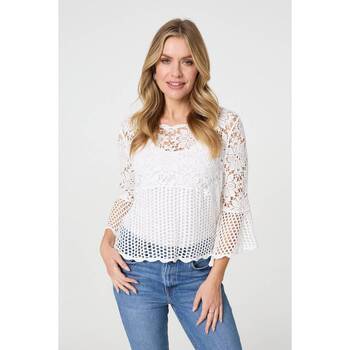 Izabel London Semi Sheer Crochet Sleeve Crop Top women's Blouse in Beige