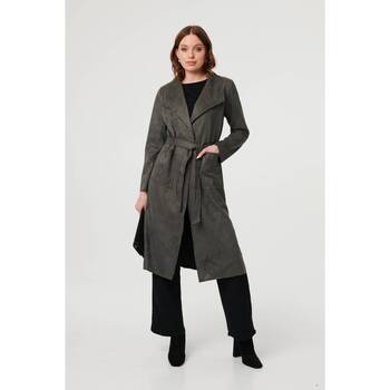 Izabel London Suedette Tie Waist Longline Trench Coat women's Coat in Kaki