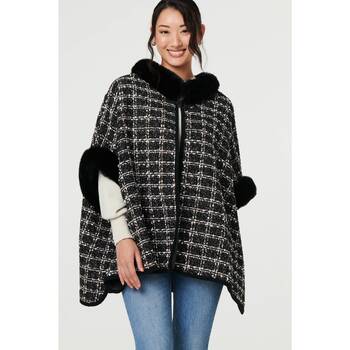 Izabel London Checked Faux Fur Trim Sleeve Poncho women's Coat in Black