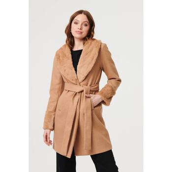 Izabel London Faux Fur Trim Tie Waist Longline Coat women's Coat in Beige