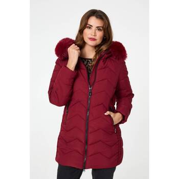 Izabel London Faux Fur Hood Thigh Length Puffer Jacket women's Coat in Red