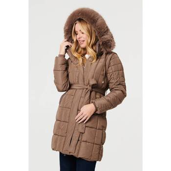 Izabel London Faux Fur Hood Textured Puffer Jacket women's Coat in Brown