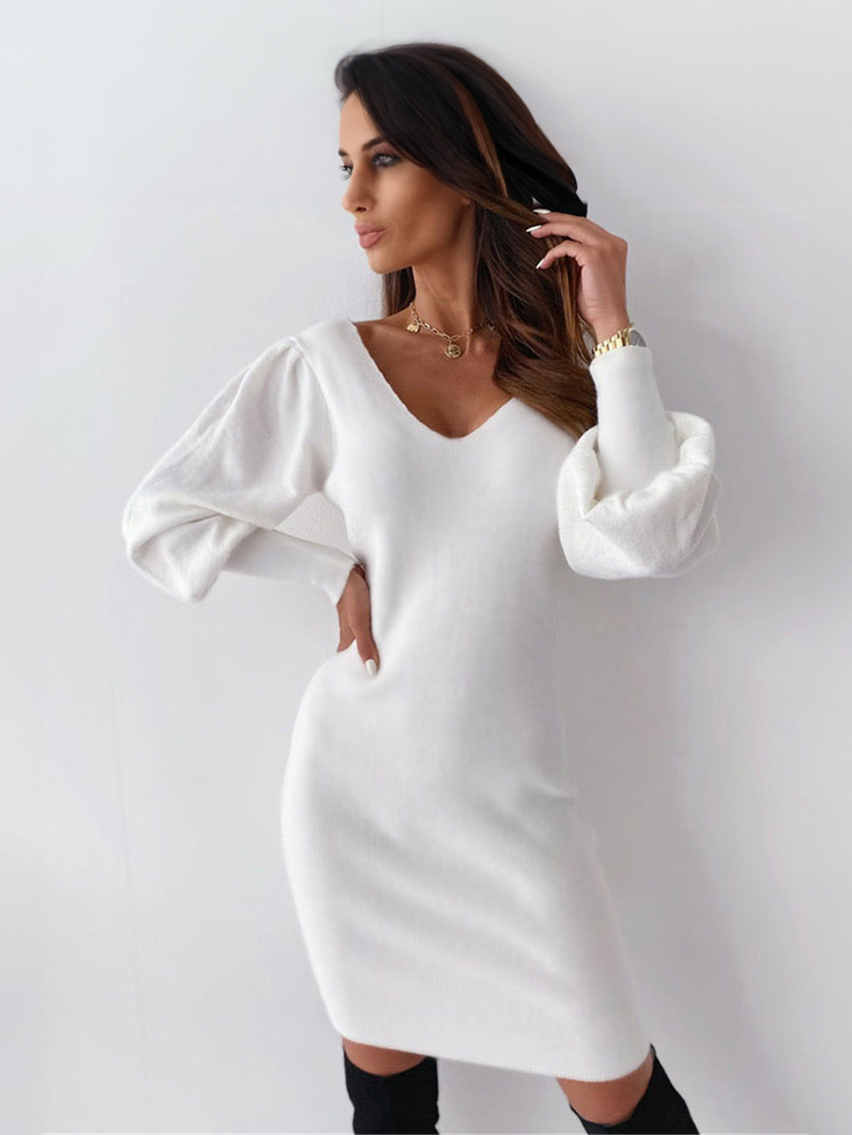Women Bodycon Dresses White V-Neck Casual Long Sleeves Pencil Dress