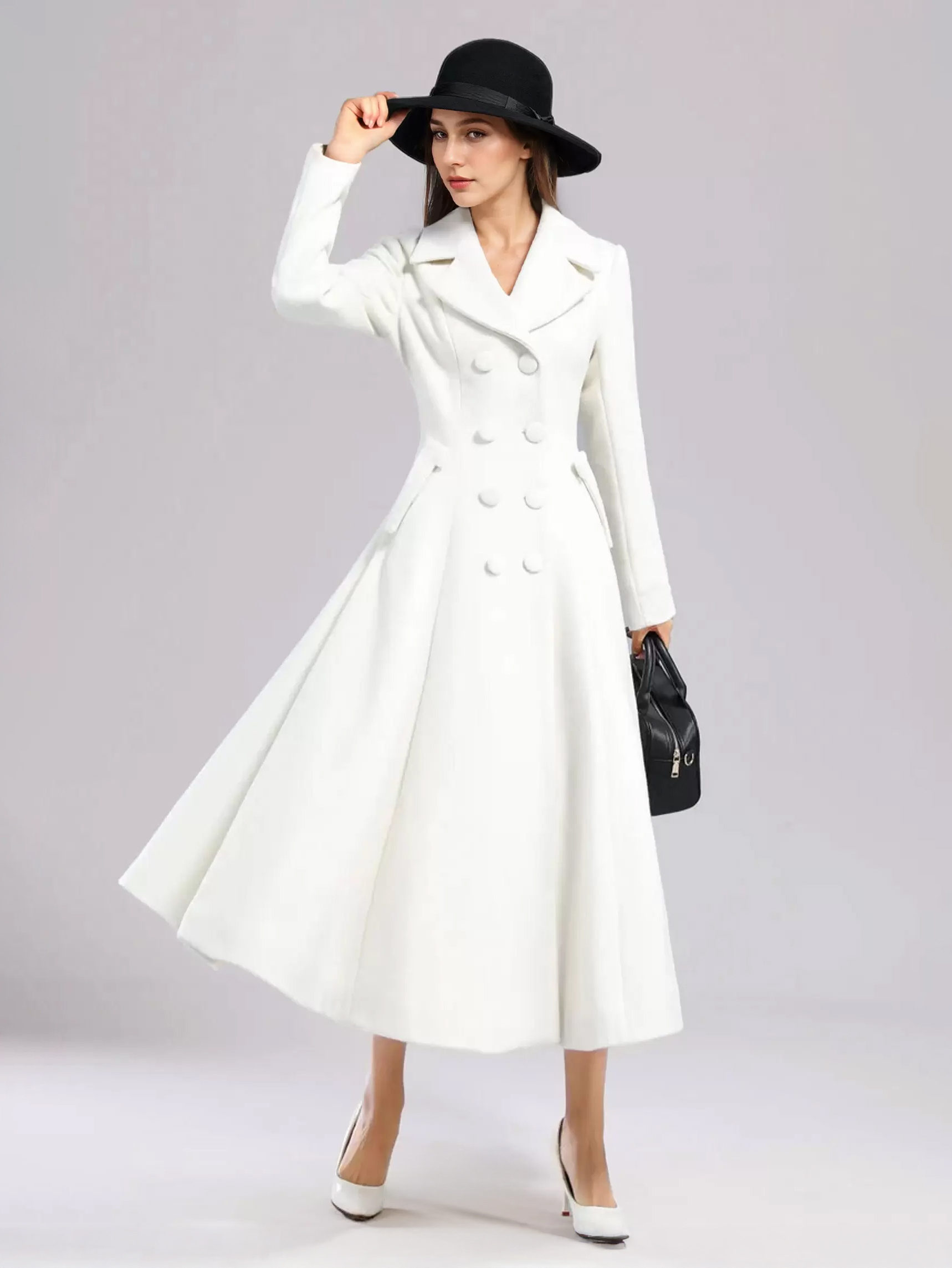 White Woolen Flared Coat For Woman Wide Lapel Double-breasted Winter A-line Midi Outerwear