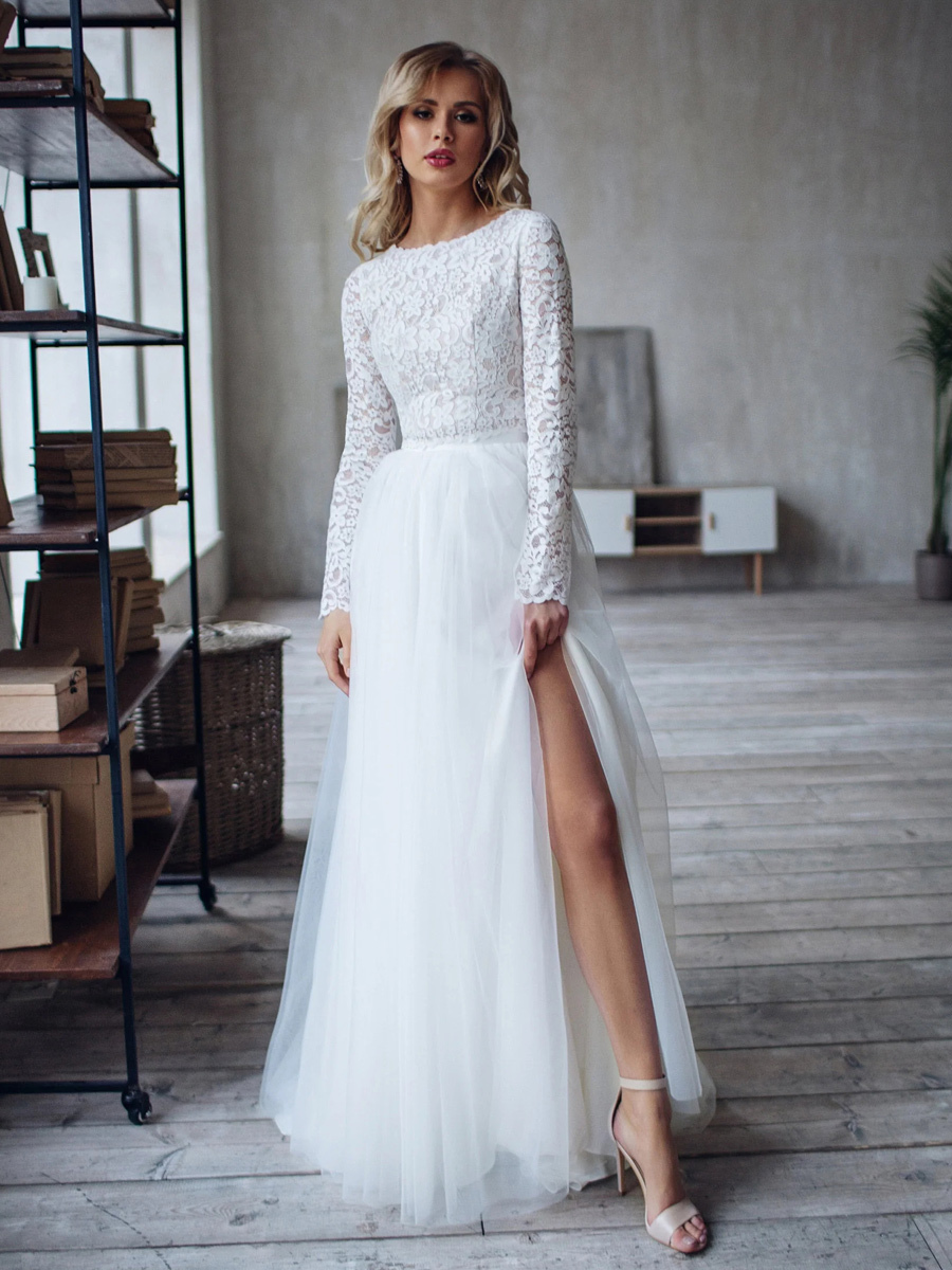 Two-piece wedding dress Lace Jewel Neck Two-piece With Train Wedding Dress Functional Buttons Long Sleeves