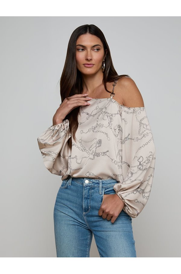 L'Agence - Asami Chain One Shoulder Blouse in Soft Macadamia