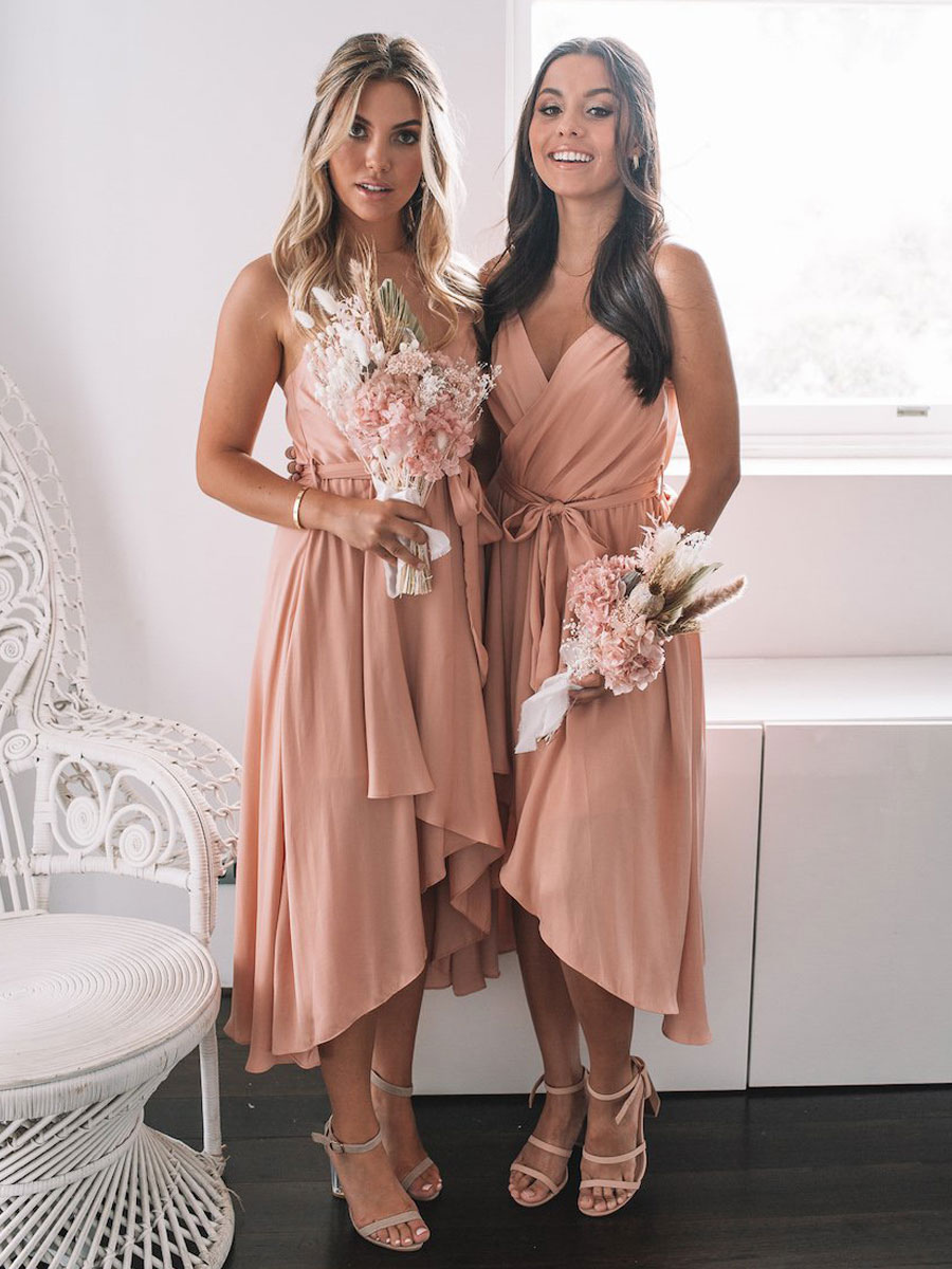 Bridesmaid Dress Pink A-Line Sleeveless V-Neck Zipper Chiffon Wedding Party Dress