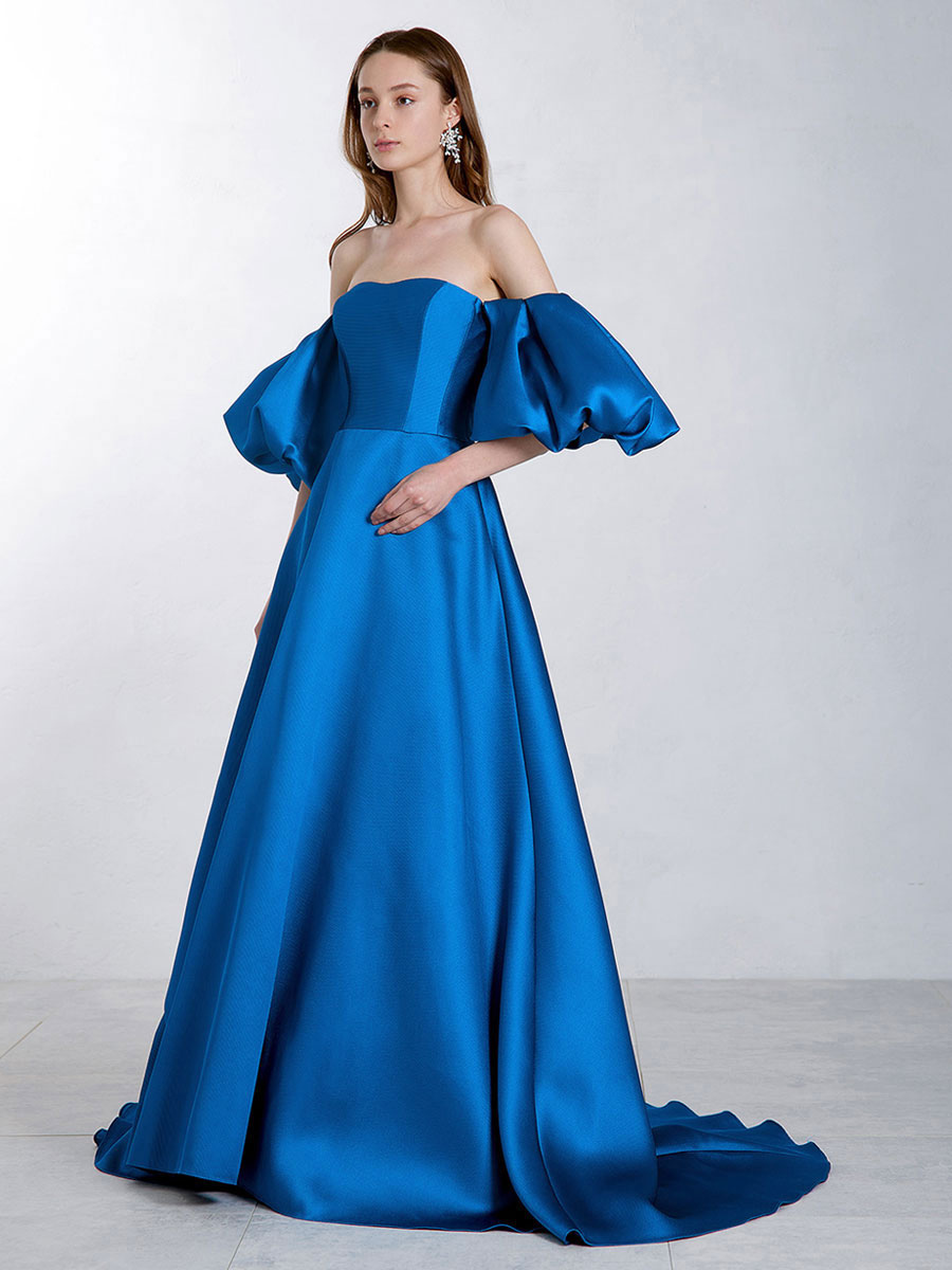 Blue Wedding Dress With Train Strapless Short Sleeves Lace Up Natural Waist Satin Fabric A-Line Long Bridal Gowns