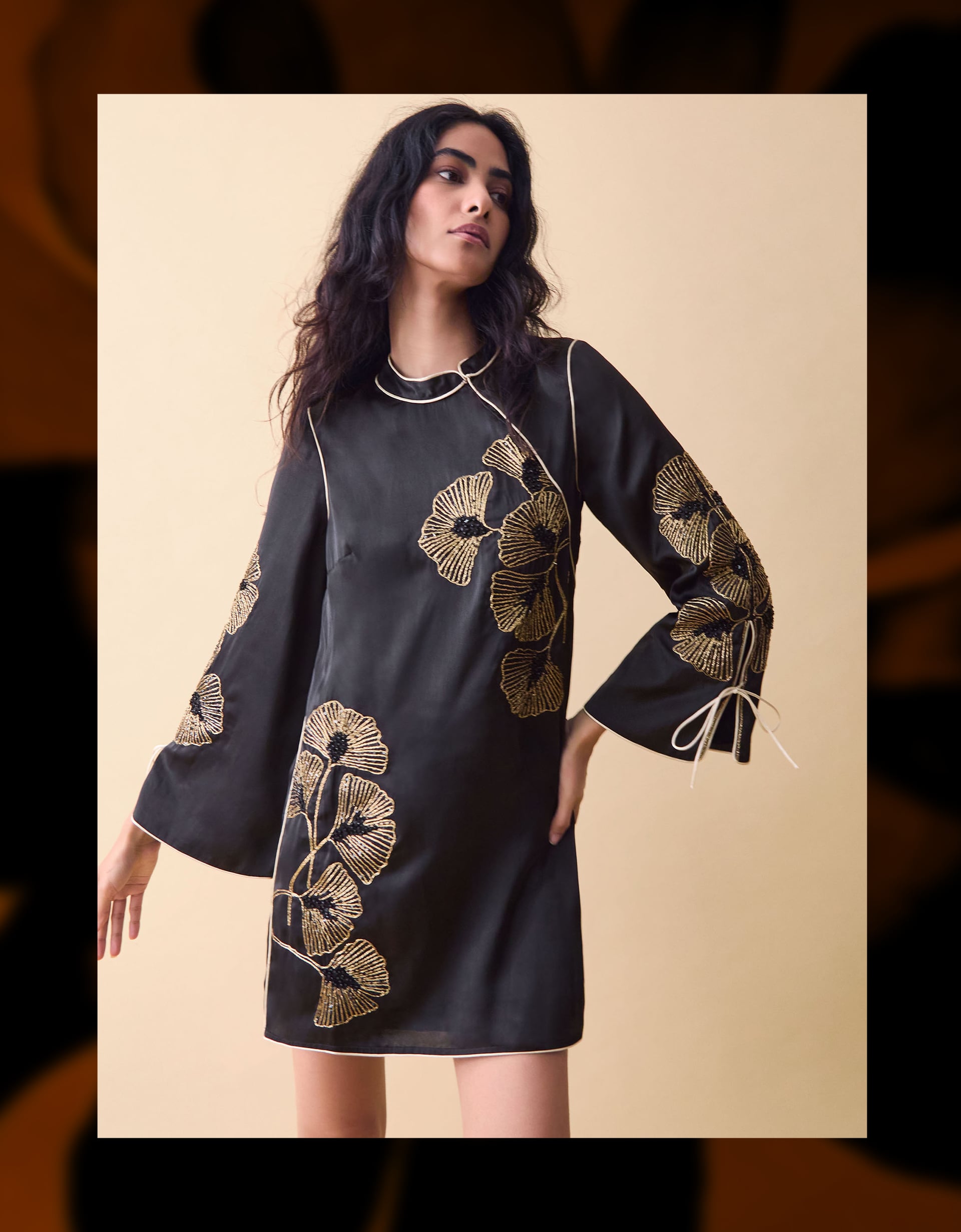 Clemence Women's Black & Gold Floral Embellished Alise Mini Dress, Size: