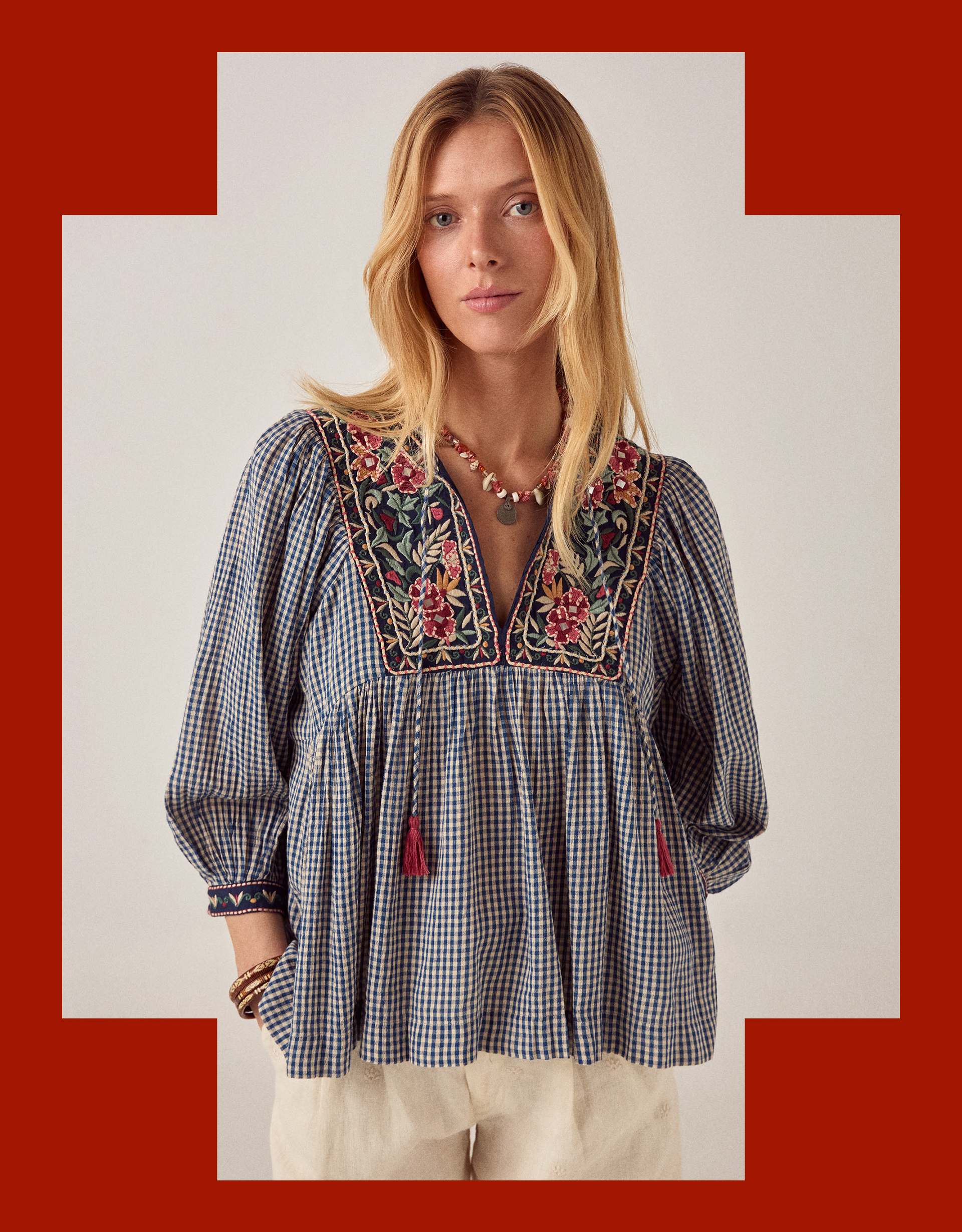 Maison Hotel April Embroidered Gingham Blouse Blue