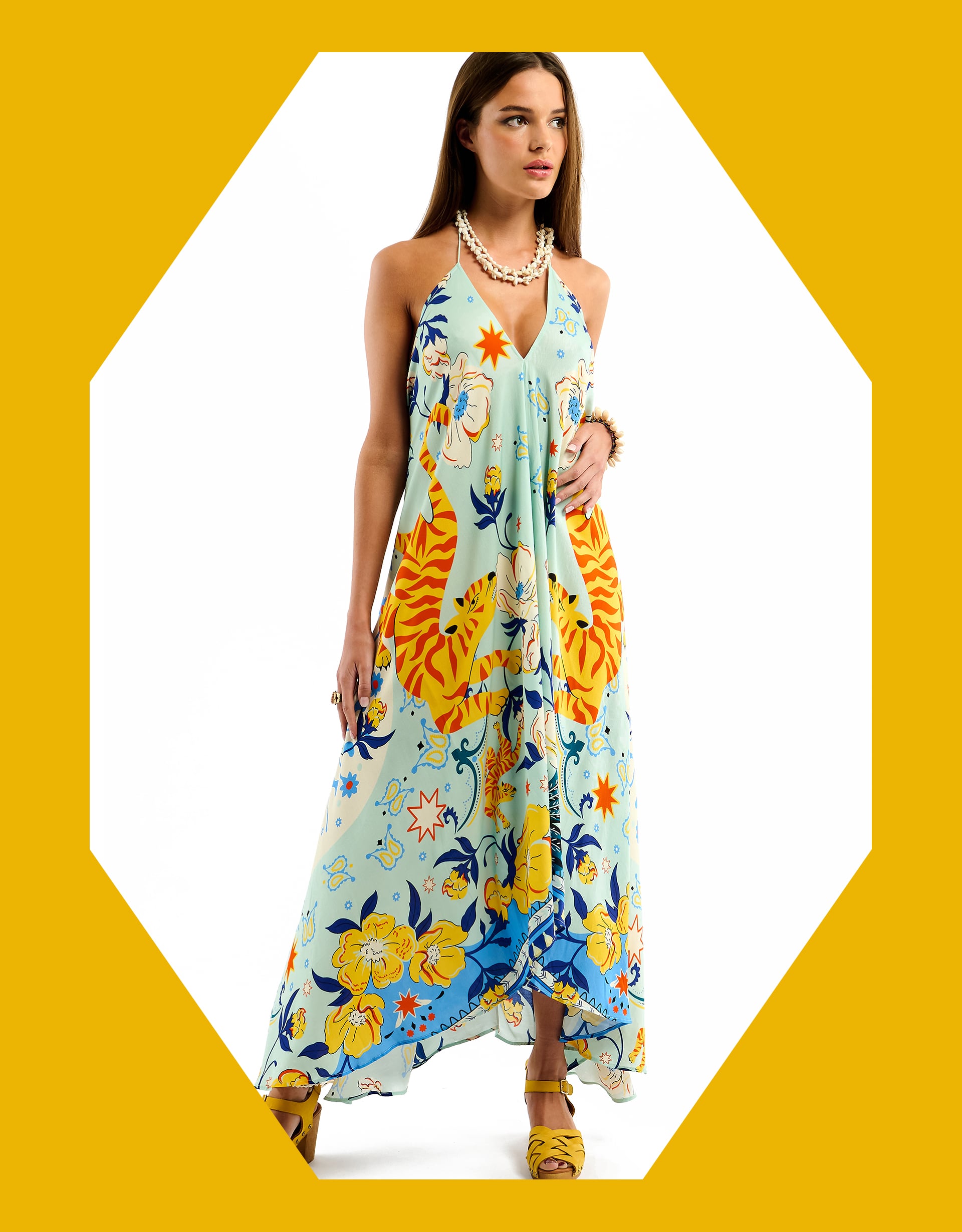 Wild Voila Tiger Print Backless Maxi Dress Blue