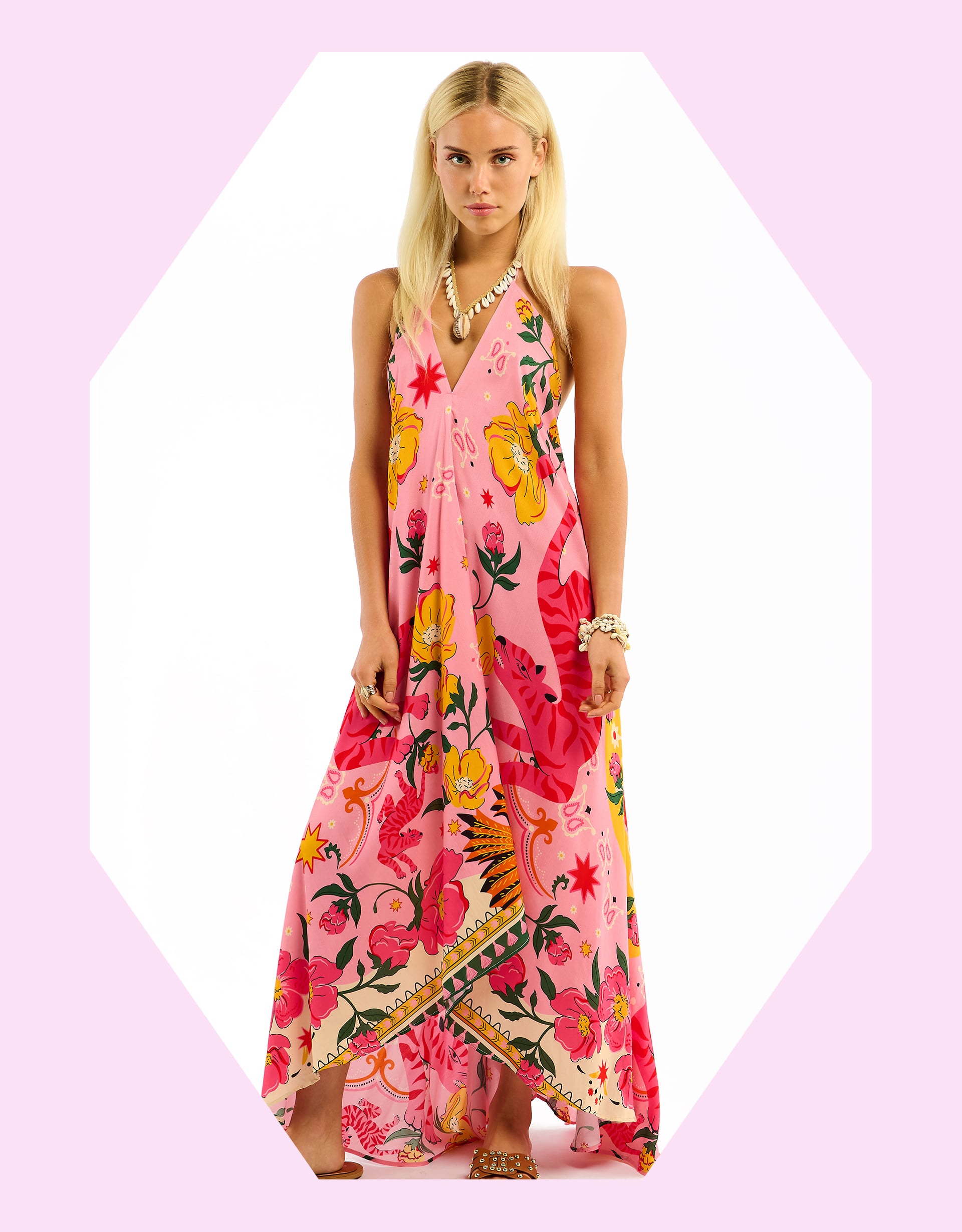 Wild Voila Tiger Print Backless Maxi Dress Pink