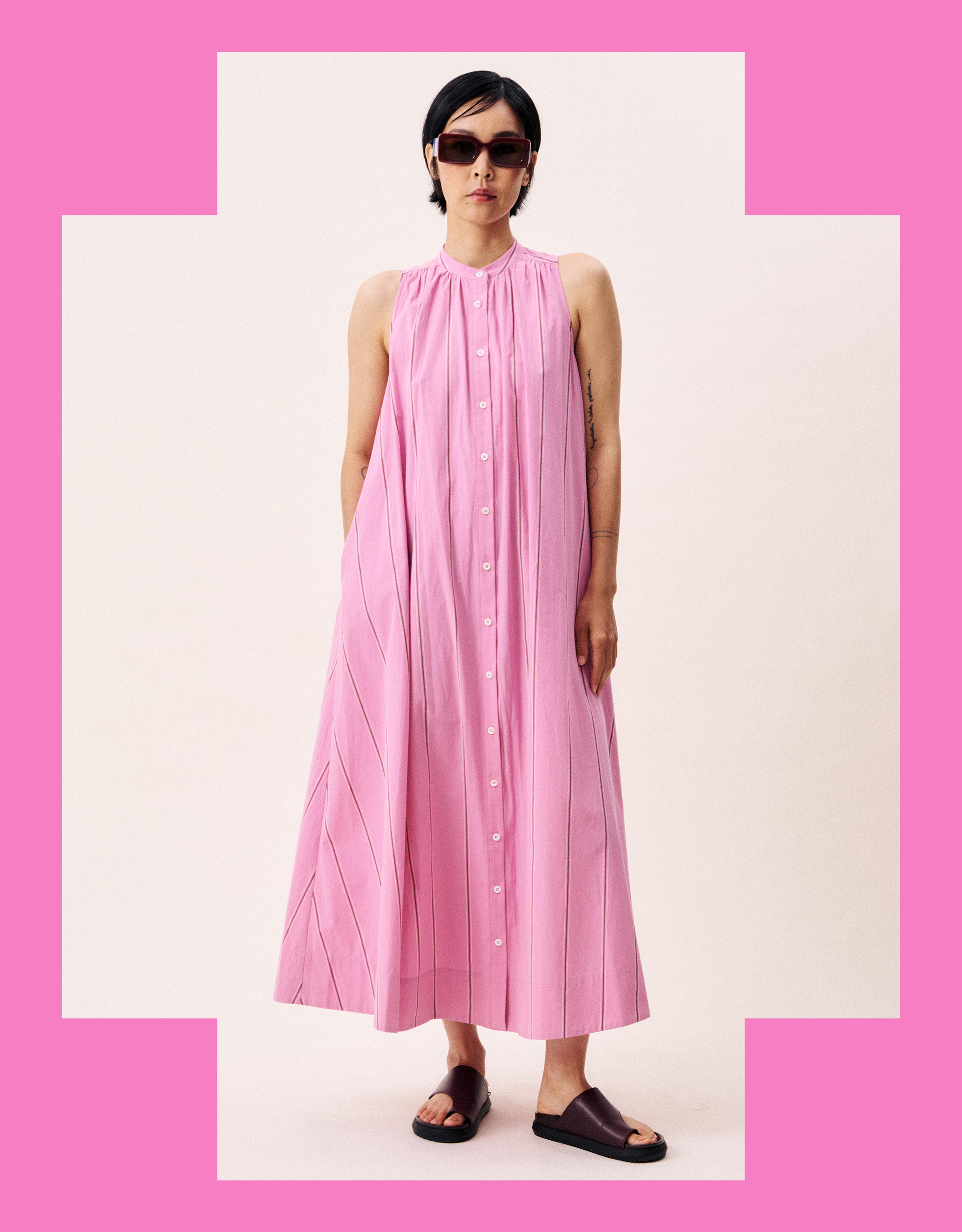 FRNCH Trapeze Sleeveless Stripe Midi Dress Pink
