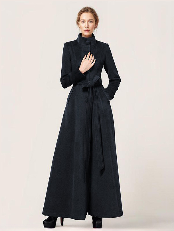 Long Wool Blend Coat Stand collar Belted Warm Classic Full-length Winter Outerwear For Women