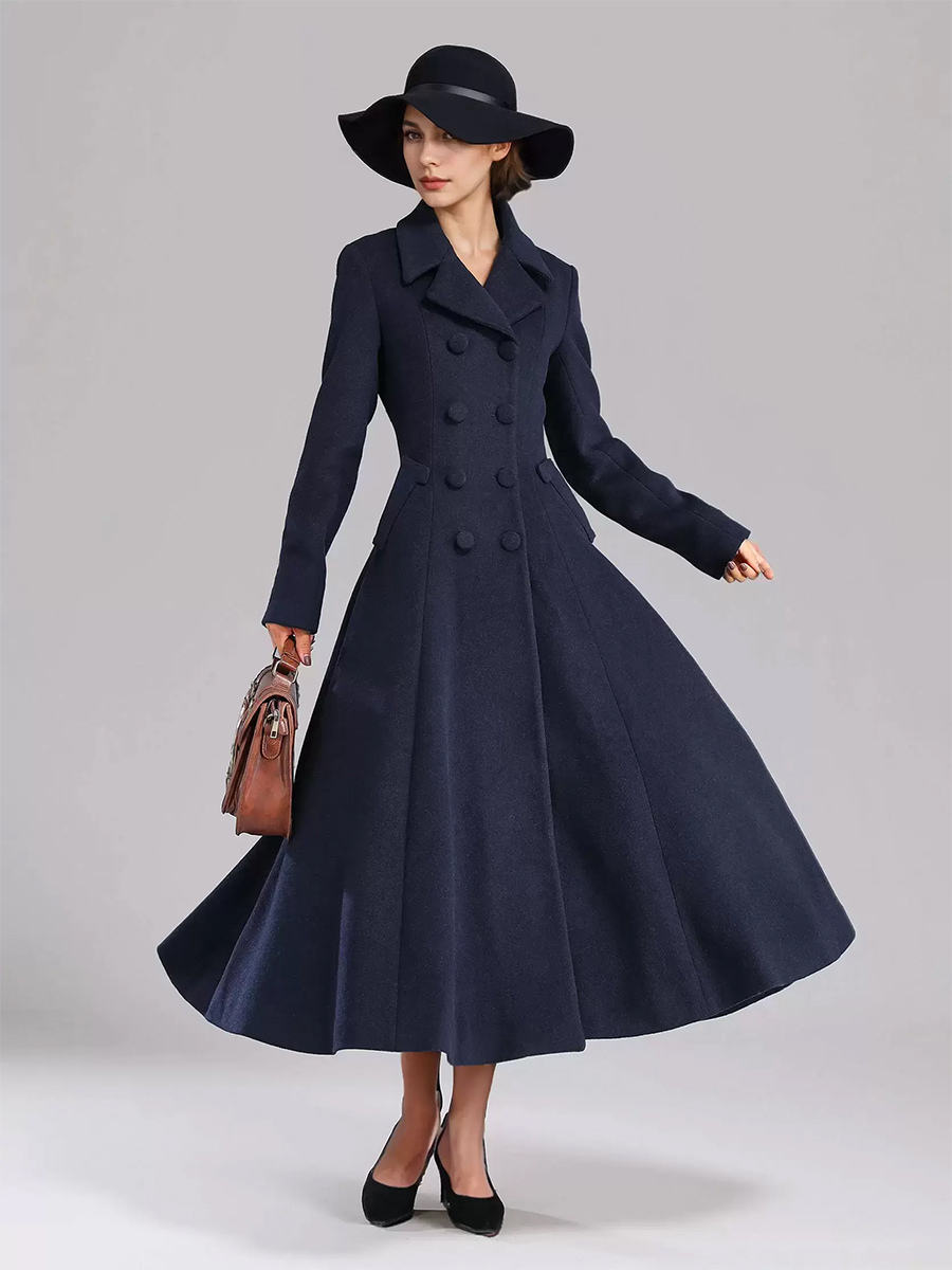 Wool Blend Flared Coat For Women Dark Navy Double-breasted Wide Lapel A-line Winter Outerwear