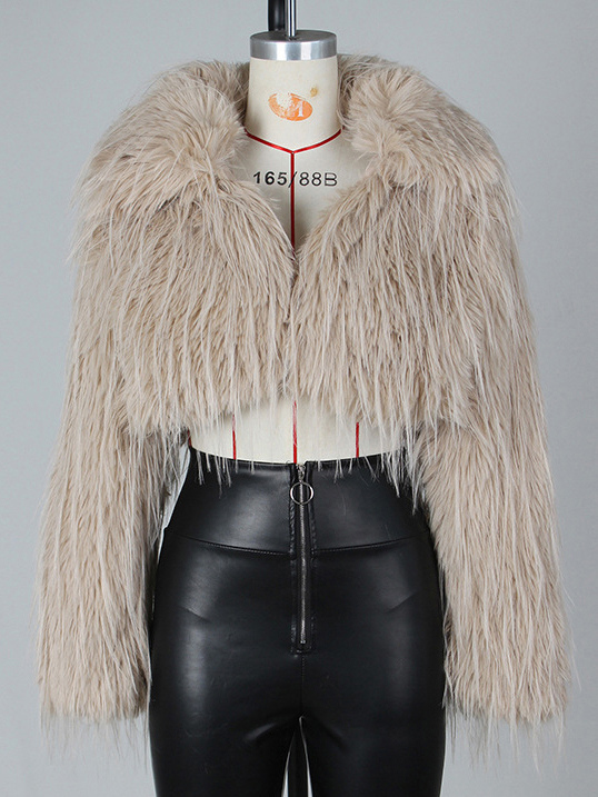 Fringed Faux Fur Cropped Coat V-neck Winter Jacket For Women