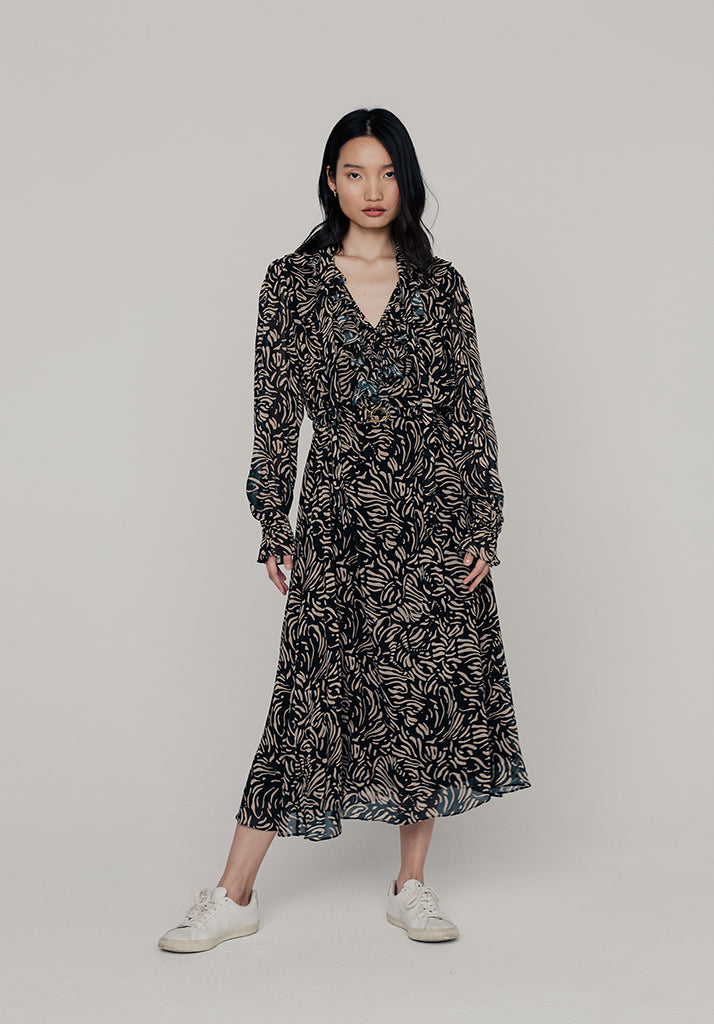 Margot Ruffle Neck Hidden Zebra Print Midi Dress In Black