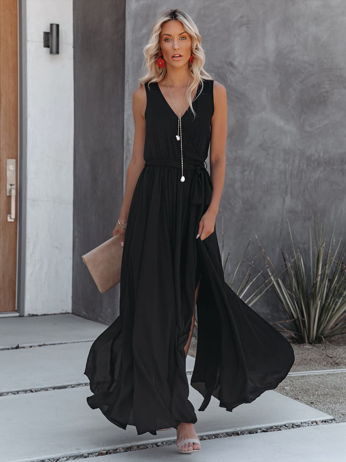 Minimalist Maxi Dress for Women - Black Sleeveless V Neck Side Split Belted Boho Dress - Summer Beach Party