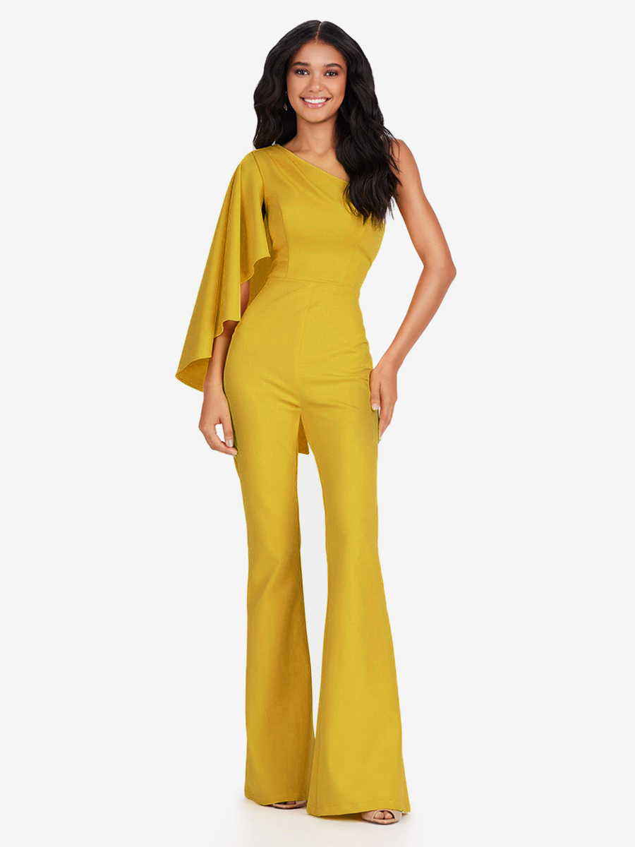 Evening Dress Jumpsuit One-Shoulder Floor-Length Sleeveless Zipper Stretch Crepe Formal Party Dresses