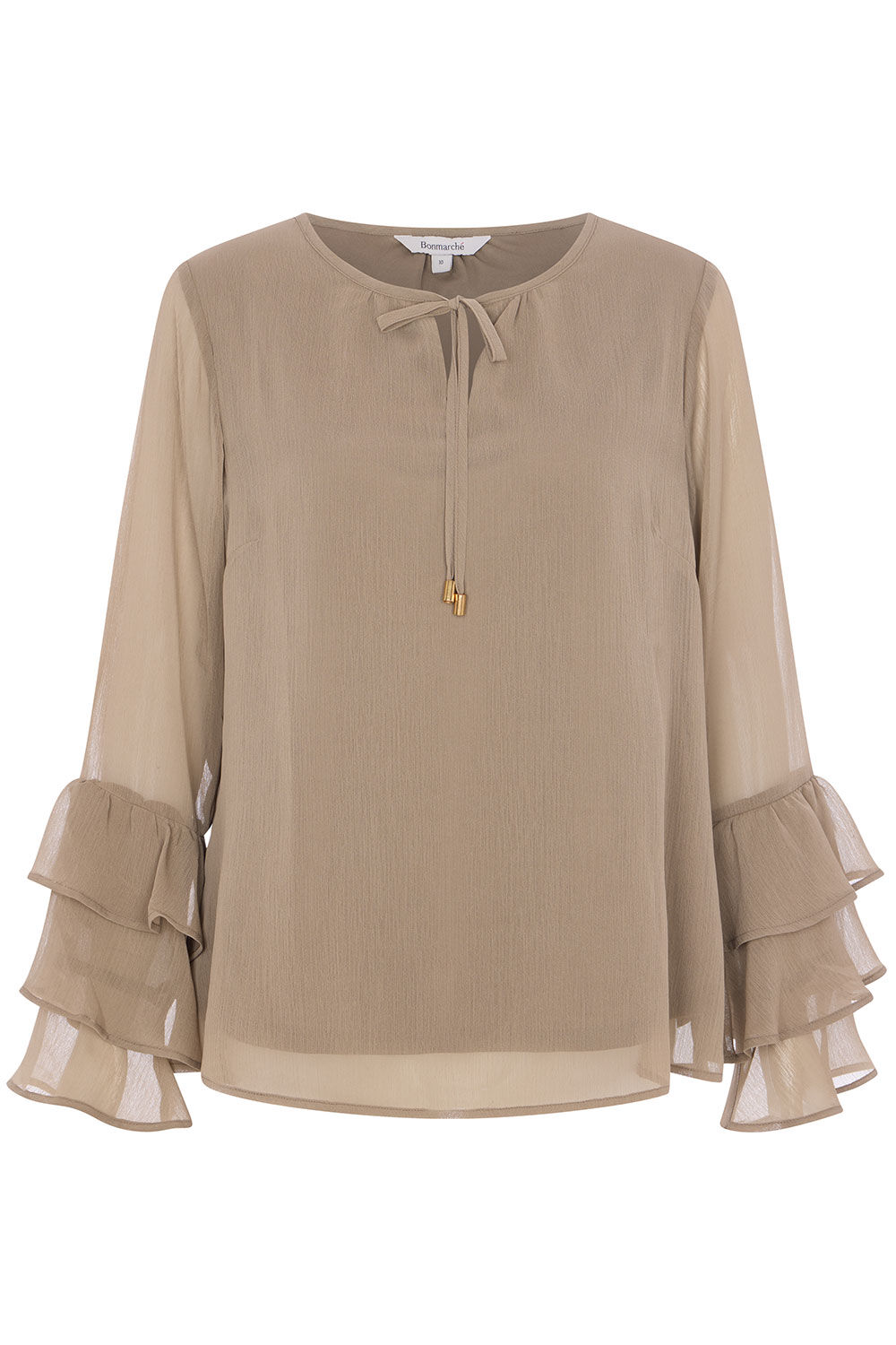 Bonmarche Khaki Frilly Long Sleeve Chiffon Blouse With Tie Neck, Size: