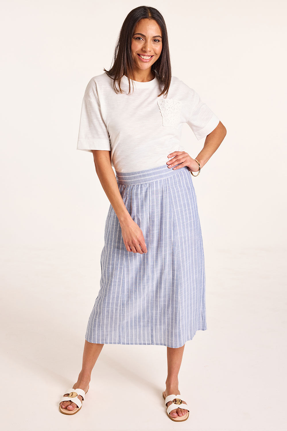 Bonmarche Blue Stripped Panelled A-line Skirt, Size:
