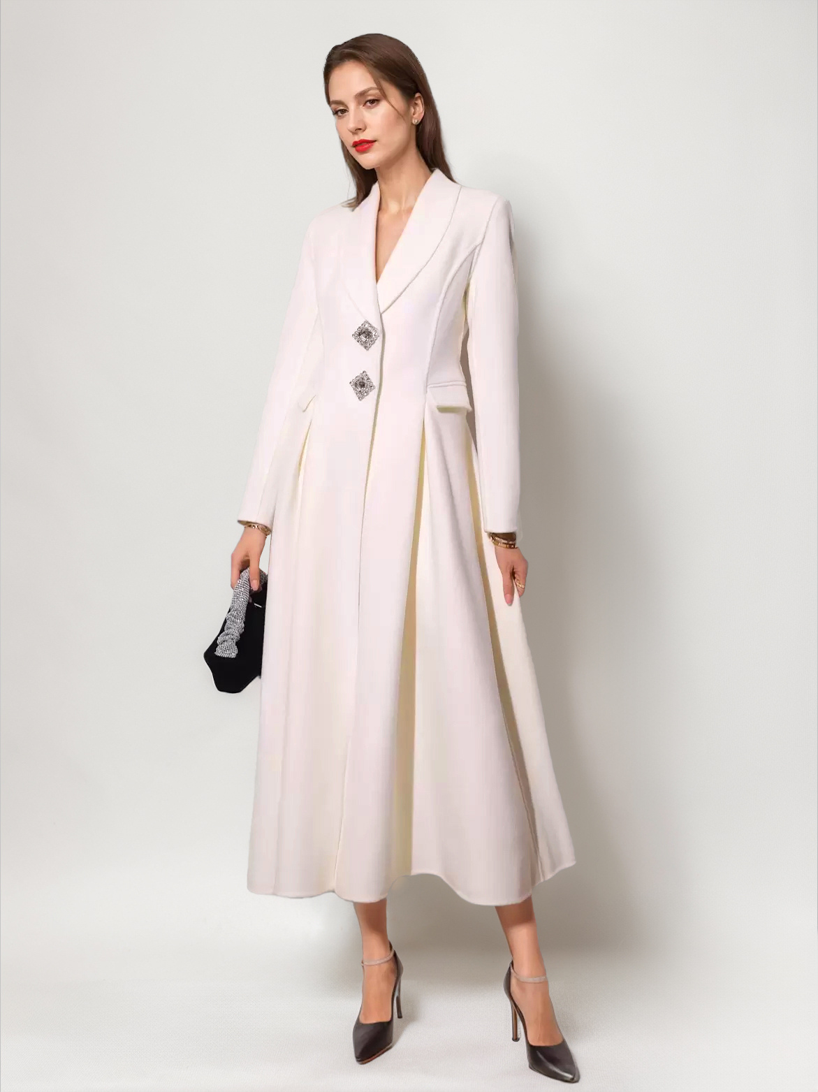 White Wool Cashmere Blend Flared Coat Lapel Double-Faced Winter Outerwear