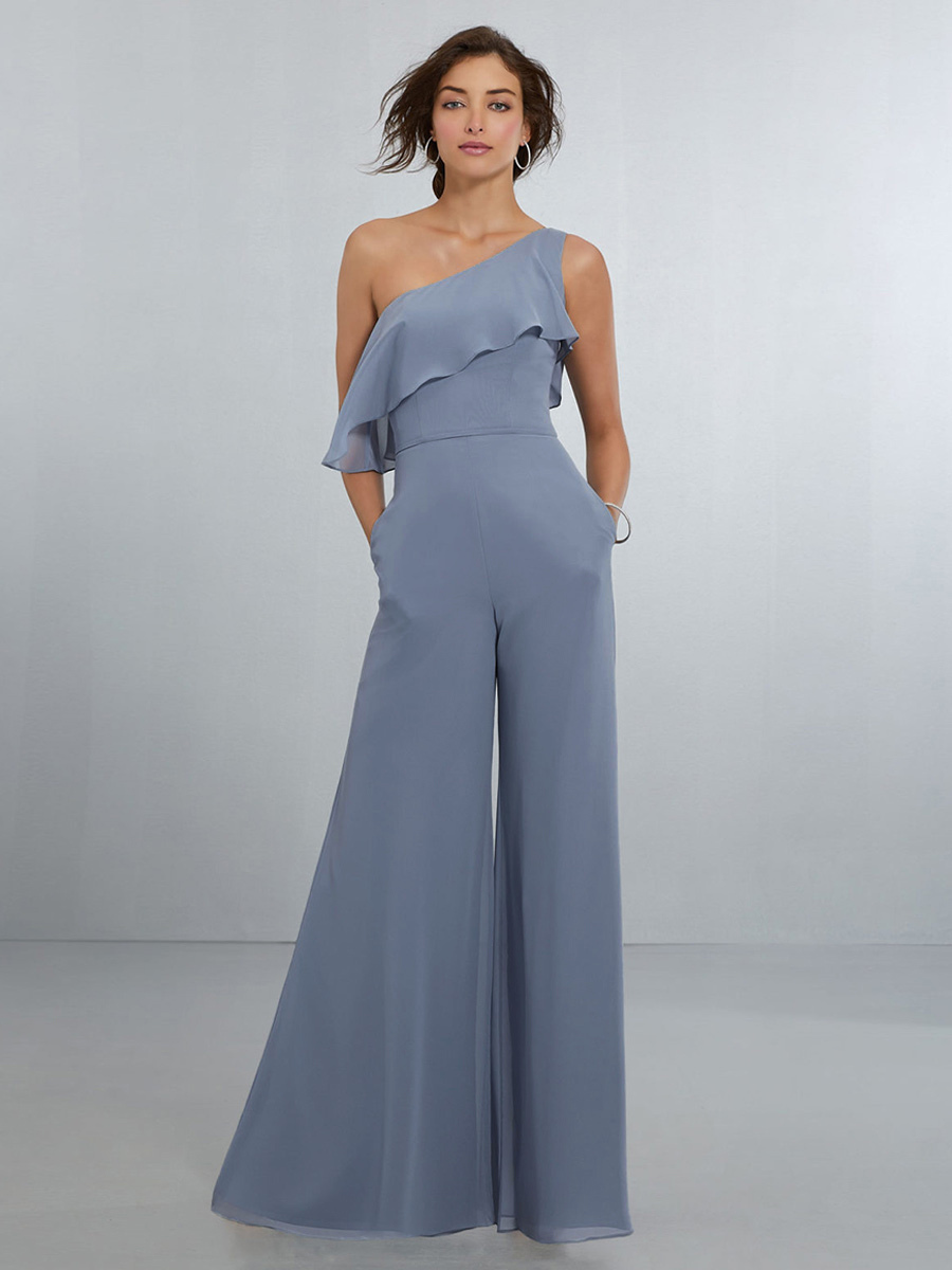Chiffon Bridesmaid Dresses Jumpsuit One Shoulder Asymmetrical Wedding Party Dress