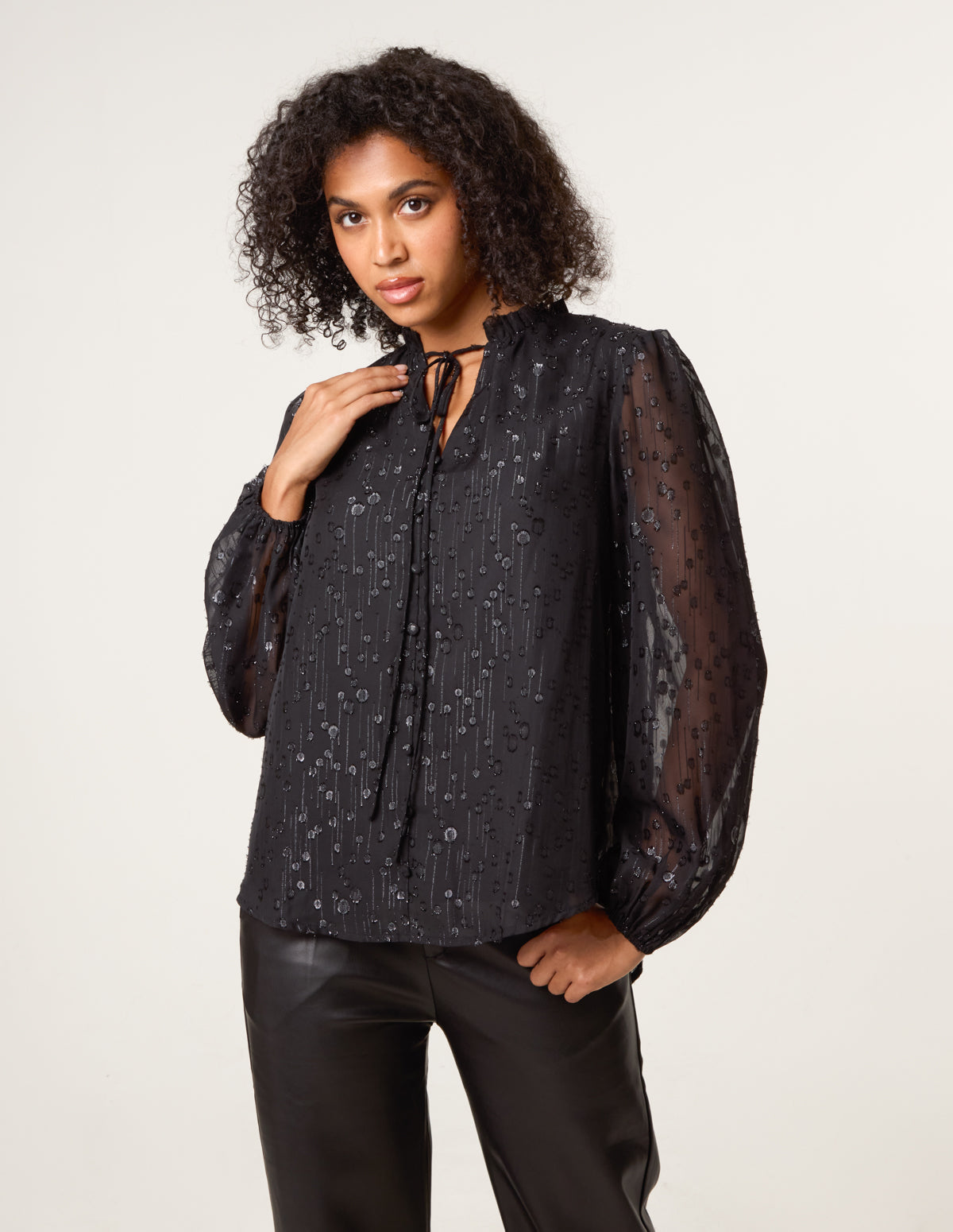 Jacquard Button And Tie Front Blouse - BLACK